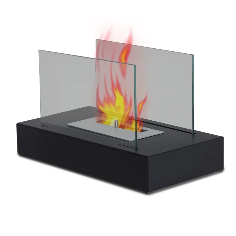 HOMCOM Camino a Bioetanolo da Tavolo 830 W Bruciatori senza Residui Inodore In Acciaio Inox con Vetro 35x18x21 cm Nero