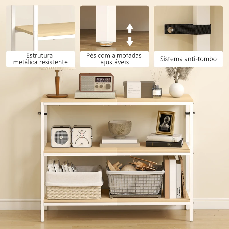 HOMCOM Mesa Consola Estreita Consola de Entrada Moderna com 3 Prateleiras Abertas e Pés de Metal 101x35x80 cm Madeira e Branco