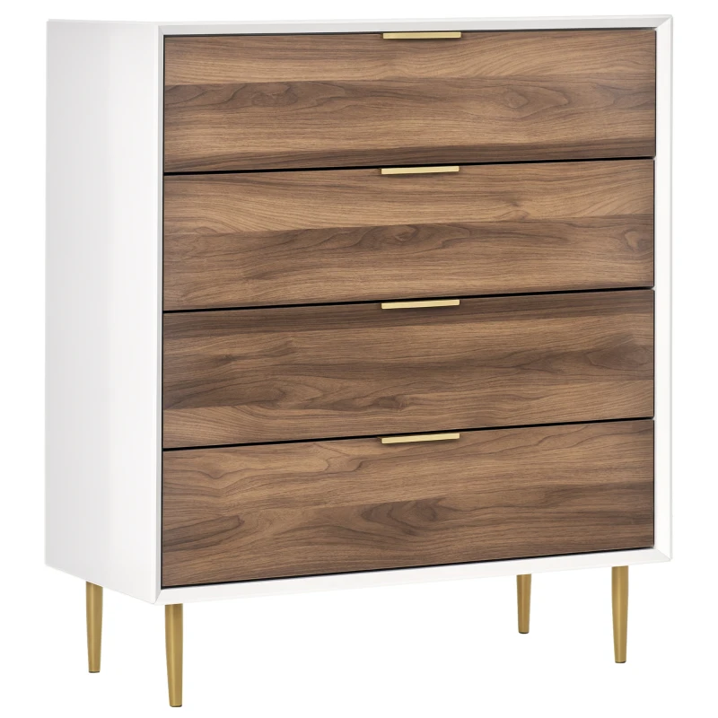HOMCOM Cassettiera 4 Cassetti con Maniglie e Piedini, Arredamento Moderno Casa in Legno 80x40x93.5cm Bianco e Noce
