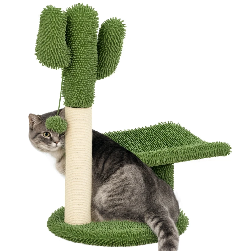 PawHut Copac in Forma de Cactus pentru Pisici de Interior Turn pentru Pisici cu Stalpi de Zgariat Pat pentru Pisici Minge de Jucarie Verde accesorii animale feline sala de gimnastica pisoi lounge mobila sufragerie