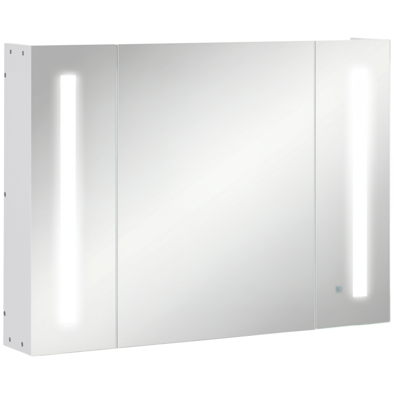 kleankin Armadietto Specchiera da Bagno con 3 Armadietti, 3 Ripiani e Luce LED, 90x15x65 cm, Bianco