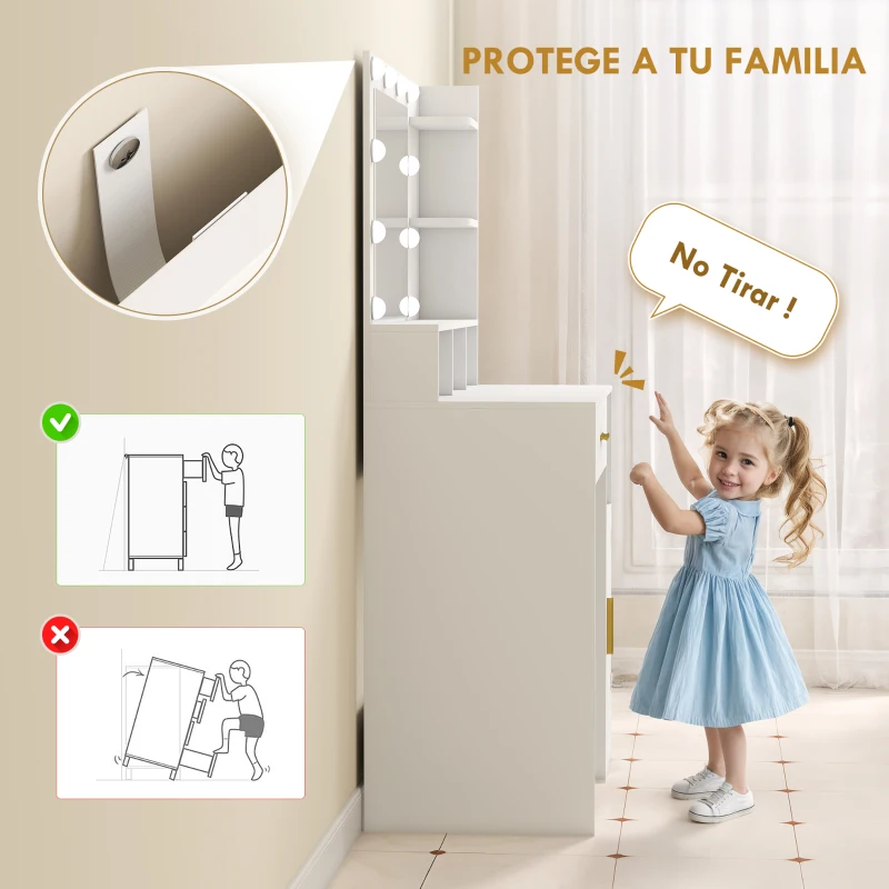 HOMCOM Tocador de Maquillaje con Luces LED y Taburete Espejo 2 Colores 10 Bombillas Cajón Estantes Compartimentos Blanco