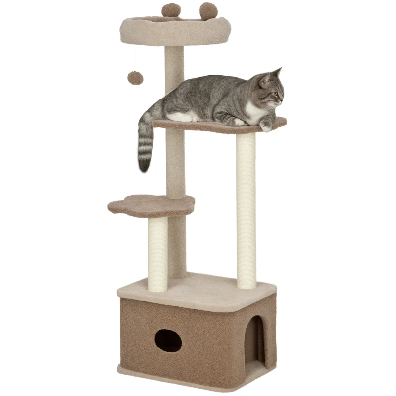 PawHut Albero Tiragraffi per Gatti con Lettino, Casetta e Piattaforme, in Legno e Cashmere, 48x40x133 cm, Marrone