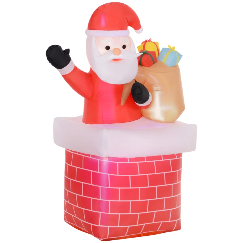 Outsunny Papá Noel Inflable con Bolsa de Regalos Saliendo de una Chimenea Luces LED para Exterior Rojo