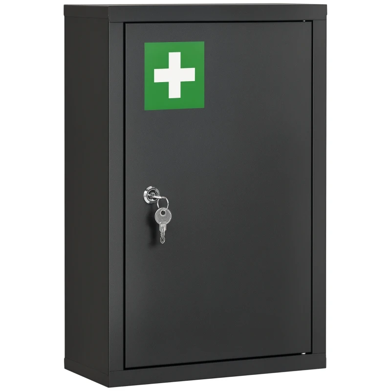 kleankin Armadietto Medicinali con 3 Mensole e Blocco con Chiavi in Acciaio, 30x14x46cm, Nero