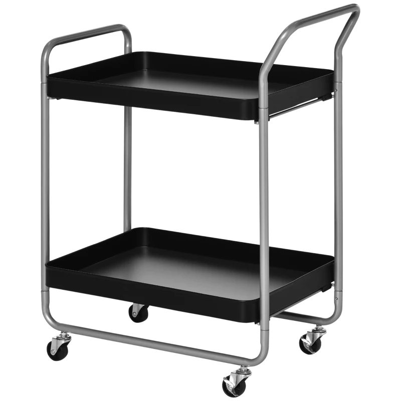 HOMCOM Carrello Portavivande a 2 Livelli con Maniglie e Ruote girevoli, Carrello Portaoggetti in Metallo per Cucina Soggiorno, 63x40.4x83.5cm, Nero