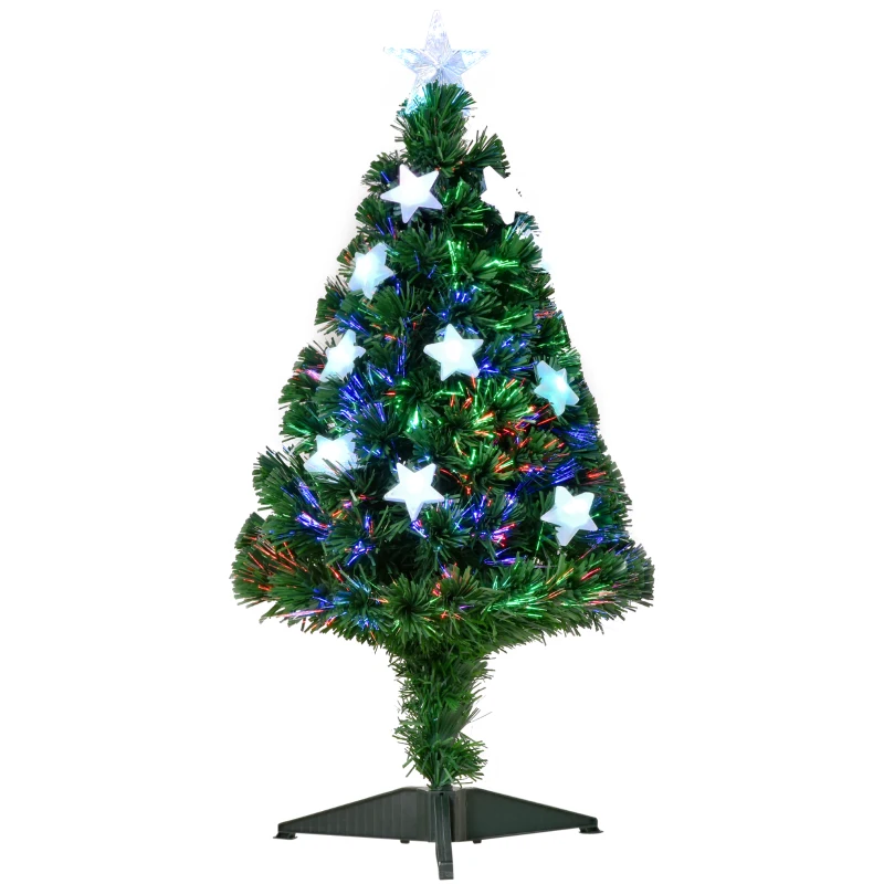 HOMCOM Sapin de Noël Artificiel Lumineux 90H cm Fibre Optique LED Multicolore + Support Pied 90 Branches étoile Sommet Brillante Vert