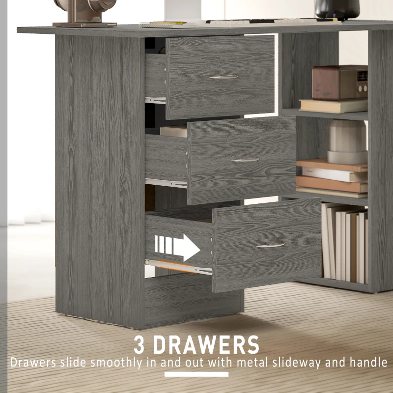 HOMCOM Computer Desk, Writing Table, PC Workstation with 3 Storage Shelves and Drawers, Silver Handle, for Home Office, Grey