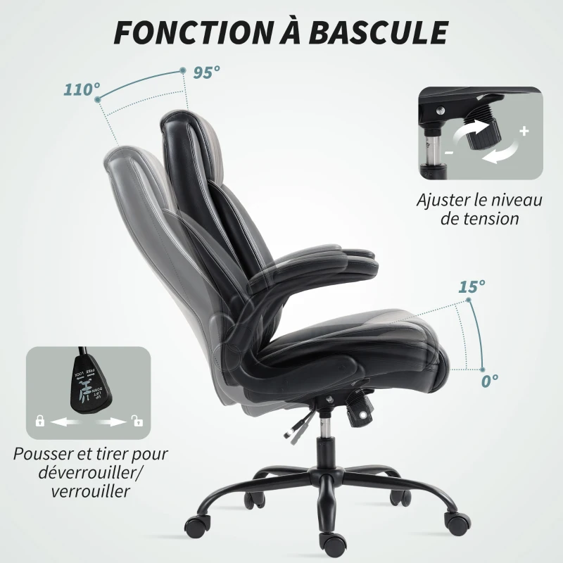 HOMCOM Fauteuil de bureau avec accoudoirs relevables, chaise de bureau ergonomique, hauteur réglable, fonction de bascule, noir