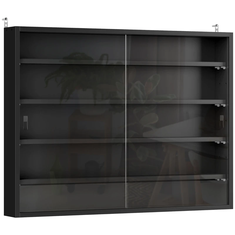 HOMCOM Vitrine de Parede de Madeira com Prateleiras Ajustáveis e 2 Portas Corredeiras de Vidro para Coleções Perfumes 80x9,5x60cm Preto