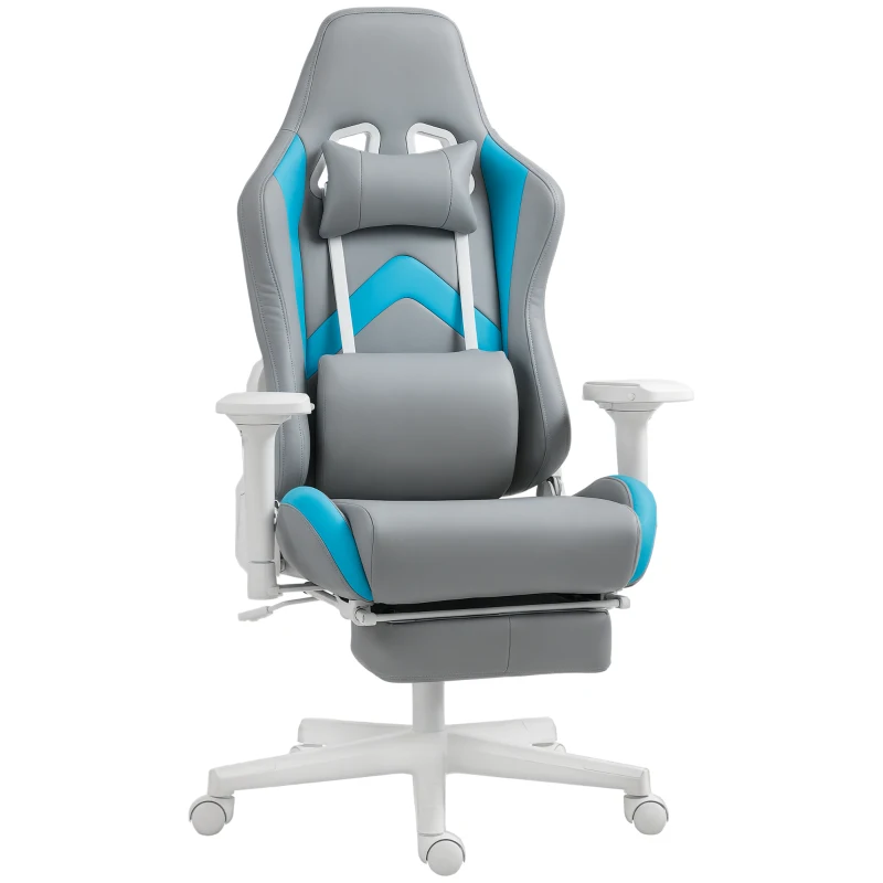 HOMCOM Silla Gamer Reclinable con Altura Ajustable Reposapiés Retráctil Soporte Lumbar y Reposacabezas Gris Claro y Azul