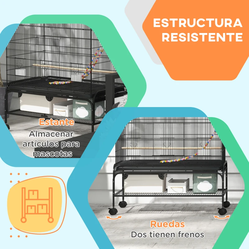 PawHut Jaula para Pájaros con Ruedas Comederos Perchas Bandeja Extraíble y Estante Inferior 97x58x160 cm Negro