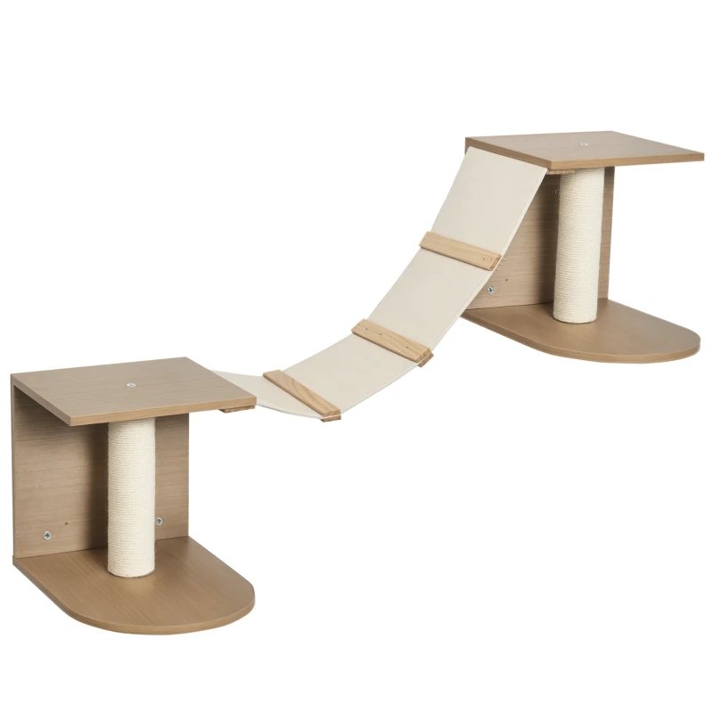 PawHut Estantes de Pared Gatos Escaleras de Tela para Gatos con Plataformas y Postes Rascadores de Sisal Centro de Actividades de Escalada 129x40x31,5 cm Marrón Claro