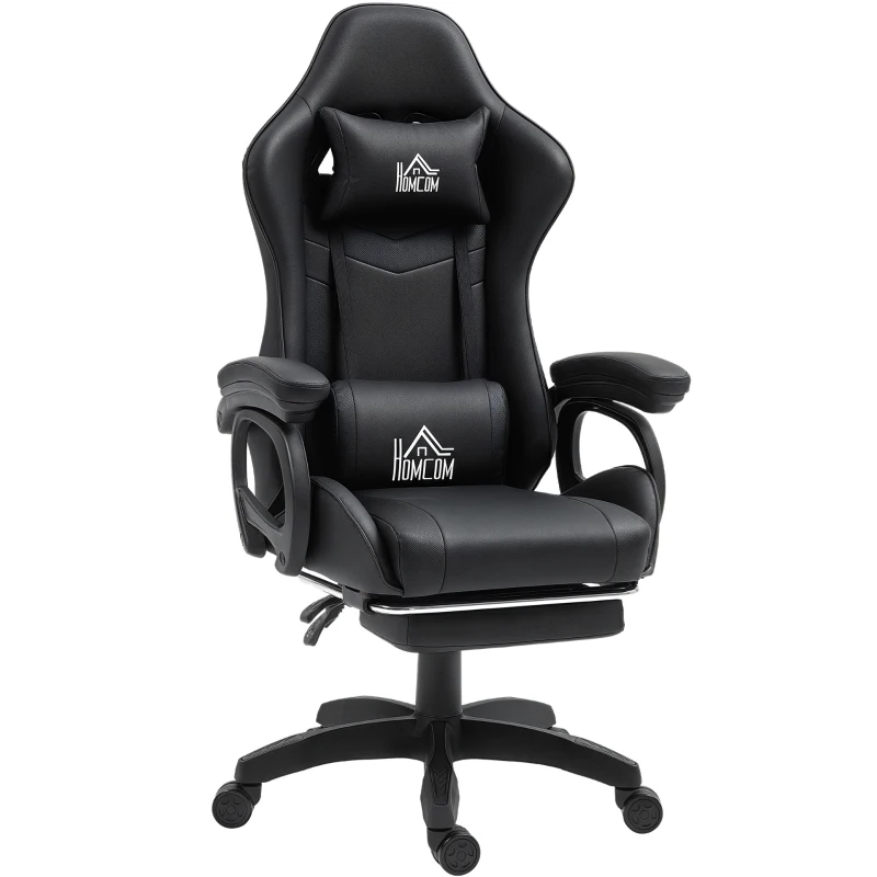 HOMCOM Scaun de Gaming cu Masaj, Spătar Înclinabil, Suport Lombar și Suport pentru Picioare, 65x68x120-128 cm, Negru