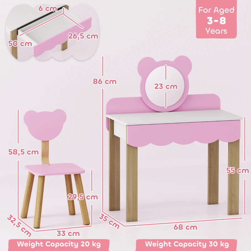 AIYAPLAY Conjunto de Tocador con Taburete para Niños, Espejo de Maquillaje en Forma de Oso, Cajón, MDF, Rosa