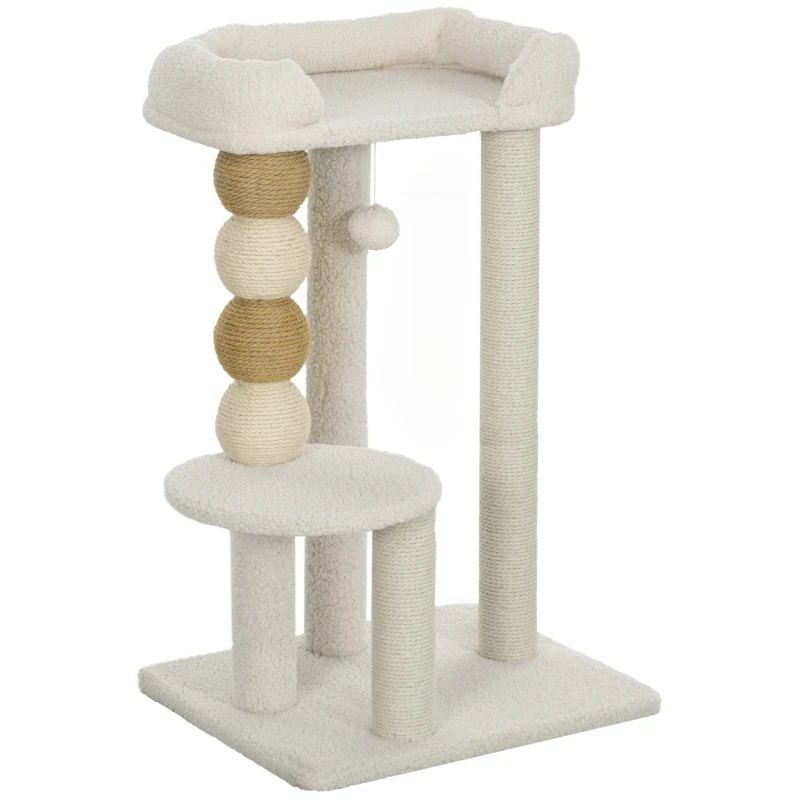PawHut Árbol para Gatos Altura 76 cm con Revestimiento de Borreguillo Plataformas Bola Colgante y Poste de Yute Beige