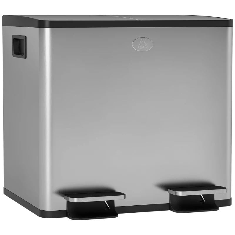 HOMCOM Balde de Lixo de Cozinha com 2 Compartimentos 2x15L Fechamento Suave e Rolo de 30 Bolsas de Lixo 41,7x36,6x43,2 cm Prata