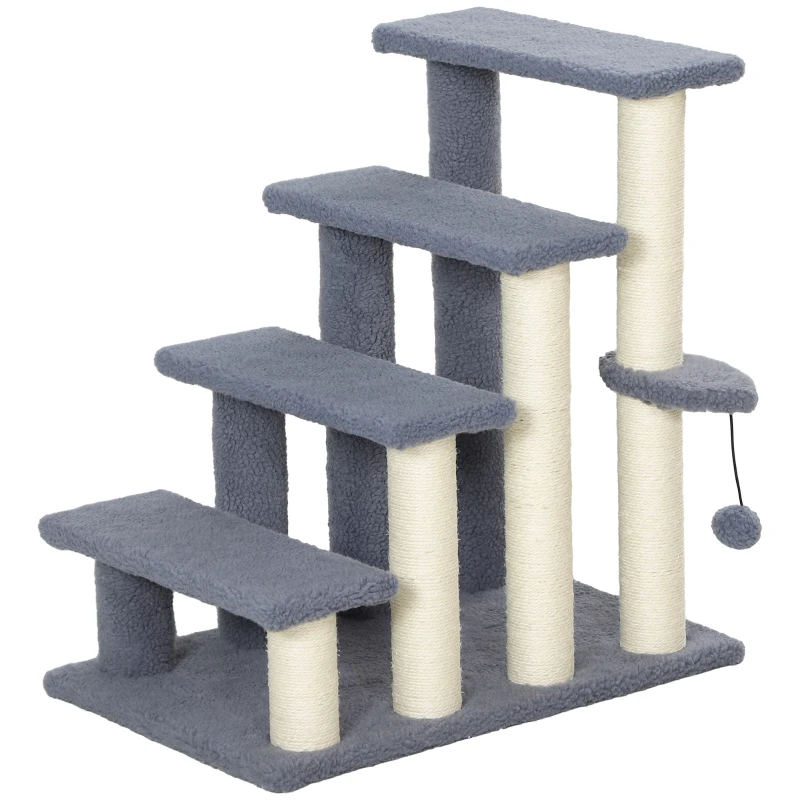 PawHut Escalera para Gatos de 4 Niveles Cubierto de Suave Franela Poste de Sisal Bola Colgante 60x40x64 cm Gris