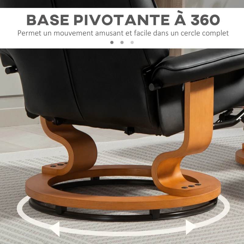 HOMCOM Fauteuil de relaxation inclinable avec repose-pied, pivotant, cadre en bois , revêtement synthétique noir