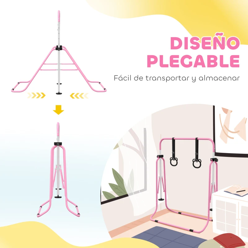 HOMCOM Barra de Gimnasia para Niños con Altura Ajustable en 5 Niveles y Anillos Entrenamiento de Gimnasia Plegable en Casa Rosa