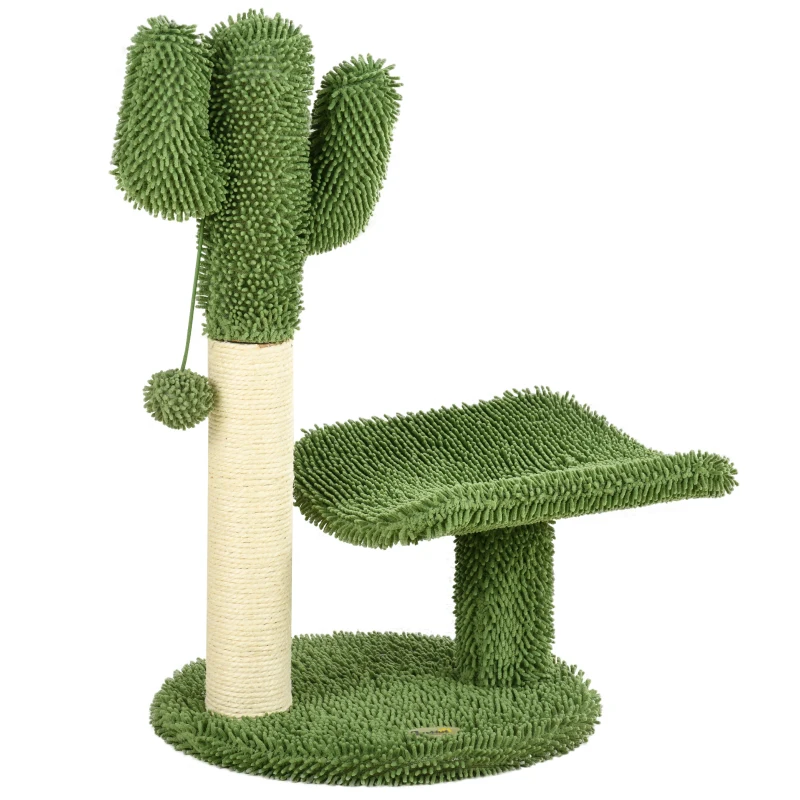 PawHut Árbol Rascador de Cactus para Gatos de 55,5 cm Torre para Gatos con Postes de Sisal Cama y Bola 35x31x55,5 cm Verde