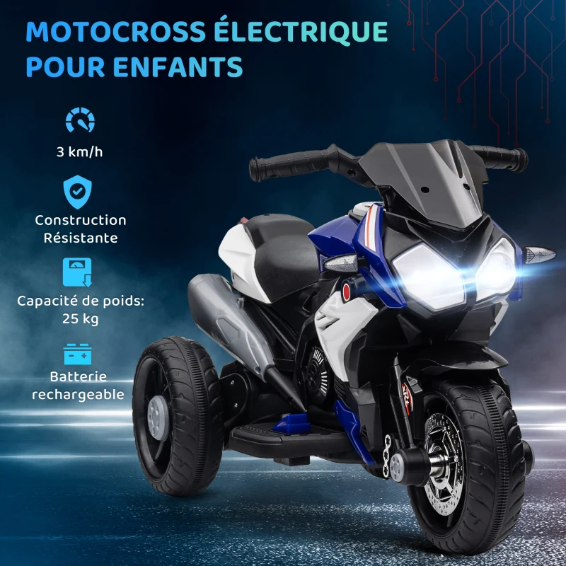 HOMCOM Moto électrique enfants 3 roues 6 V, voiture électrique enfants 3 à 5 ans, effets lumineux et sonores, 86x42x52cm, noir(m-5)