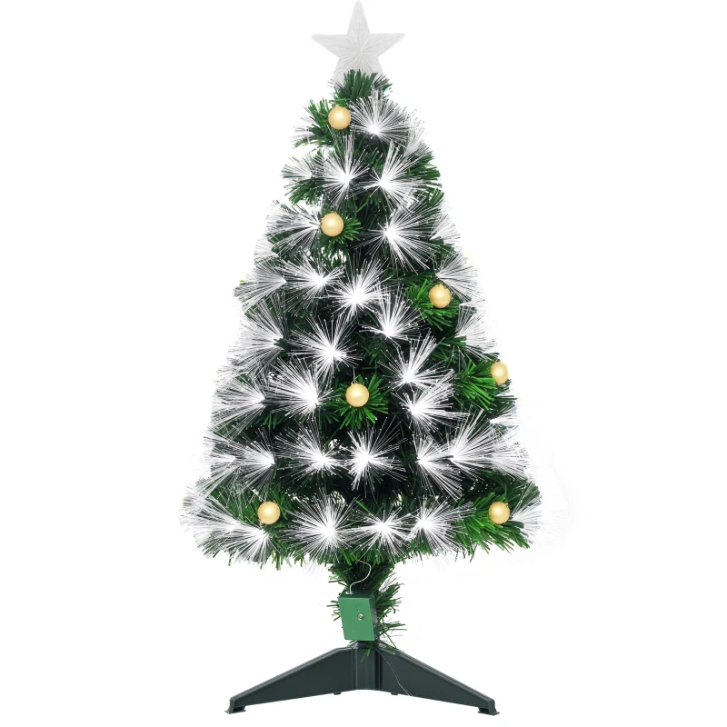 HOMCOM Sapin de Noël Artificiel Lumineux 90H cm Fibre Optique LED + 14 Ampoules + Support Pied 90 Branches étoile Sommet Brillante Vert