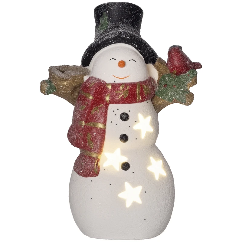 HOMCOM Weihnachtsdeko, Schneemann mit Vogel, 4 warmweiße LEDs, batteriebetrieben, 25 x 15,5 x 38 cm