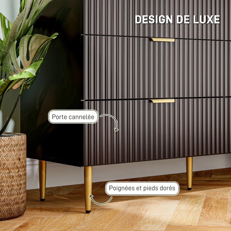 HOMCOM Commode 6 tiroirs commode chambre meuble de rangement moderne avec poignées et pieds dorés, 120 x 40 x 76,5 cm, noir