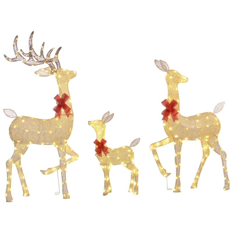 Outsunny 3 cerfs lumineux Noël, en forme de famille de cerfs, rennes lumineux Noël, en acier, 283 LED blanc chaud, or