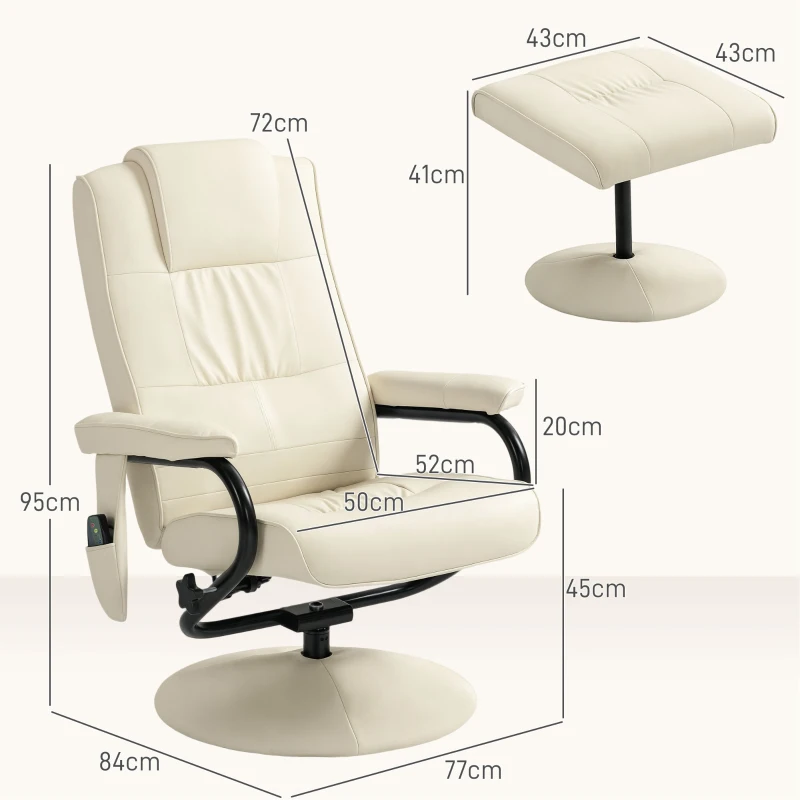 HOMCOM Swivel Recliner Chair and Footstool, Faux Leather Massage Recliner Armchair with Remote Control and Round Wrapped Base, Cream White