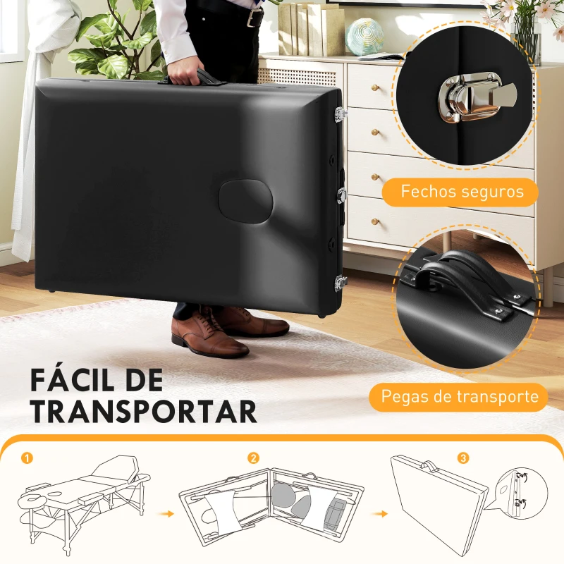 HOMCOM Marquesa de Massagem Dobrável Portátil com Altura Ajustável Apoio de Cabeça Apoios de Braço Acolchoados 215x60x64-89 cm Preto