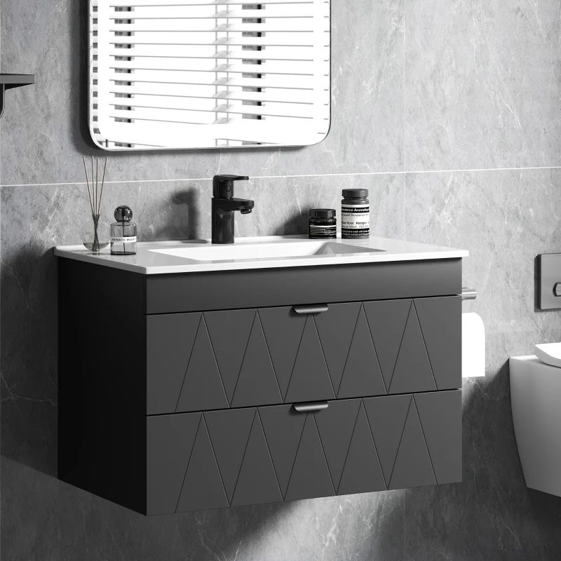 HOMCOM Mobiletto Sospeso per Lavabo con Lavabo in Ceramica e Cassetti Soft-Close Nero