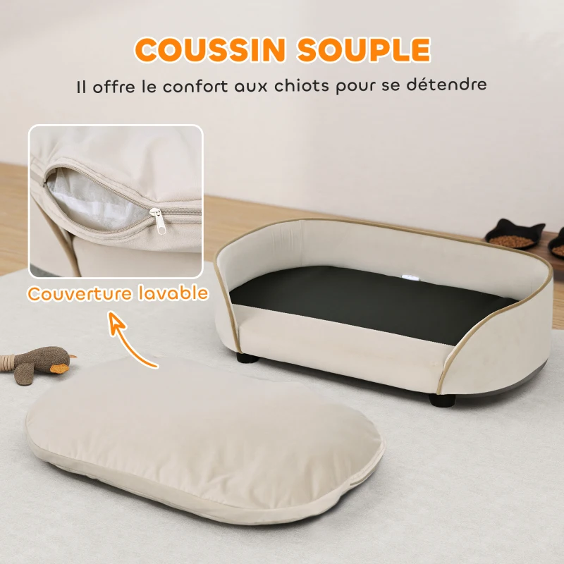 PawHut Canapé pour chien canapé pour animal de compagnie avec coussin amovible et housse lavable 66 x 43 x 19,5 cm beige