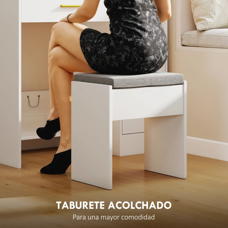 HOMCOM Tocador de Maquillaje con Luces LED y Taburete Espejo 2 Colores 10 Bombillas Cajón Estantes Compartimentos Blanco