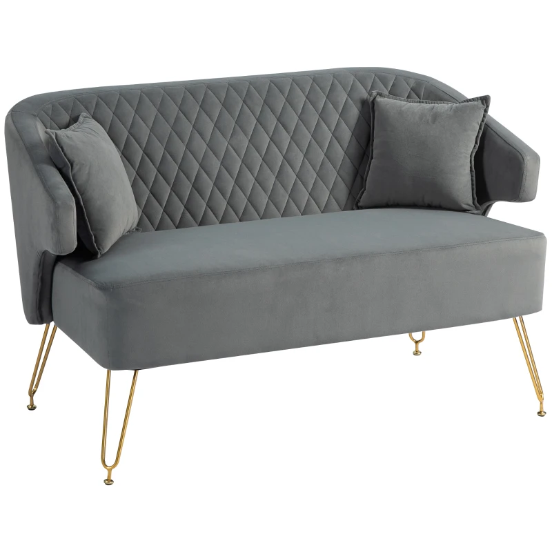 HOMCOM Sofá de 2 Lugares Estofado em Veludo Sofá Sala de Estar com 2 Almofadas e Pés de Aço Dourado Sofá Pequeno 124x69x76 cm Cinza