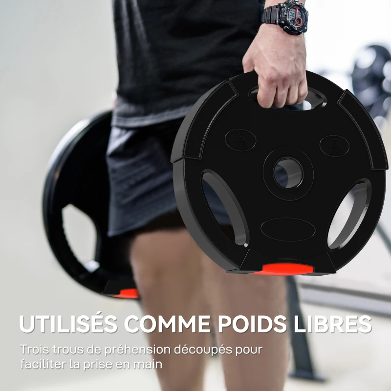 SPORTNOW Disques de poids, plaques de poids 2 x 5 kg et 2 x 2,5 kg, à trois poignées avec trous de Ø 25 mm, noir