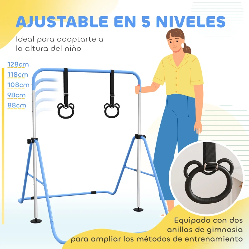 HOMCOM Barra de Gimnasia para Niños con Altura Ajustable en 5 Niveles y Anillos Entrenamiento de Gimnasia Plegable en Casa Azul