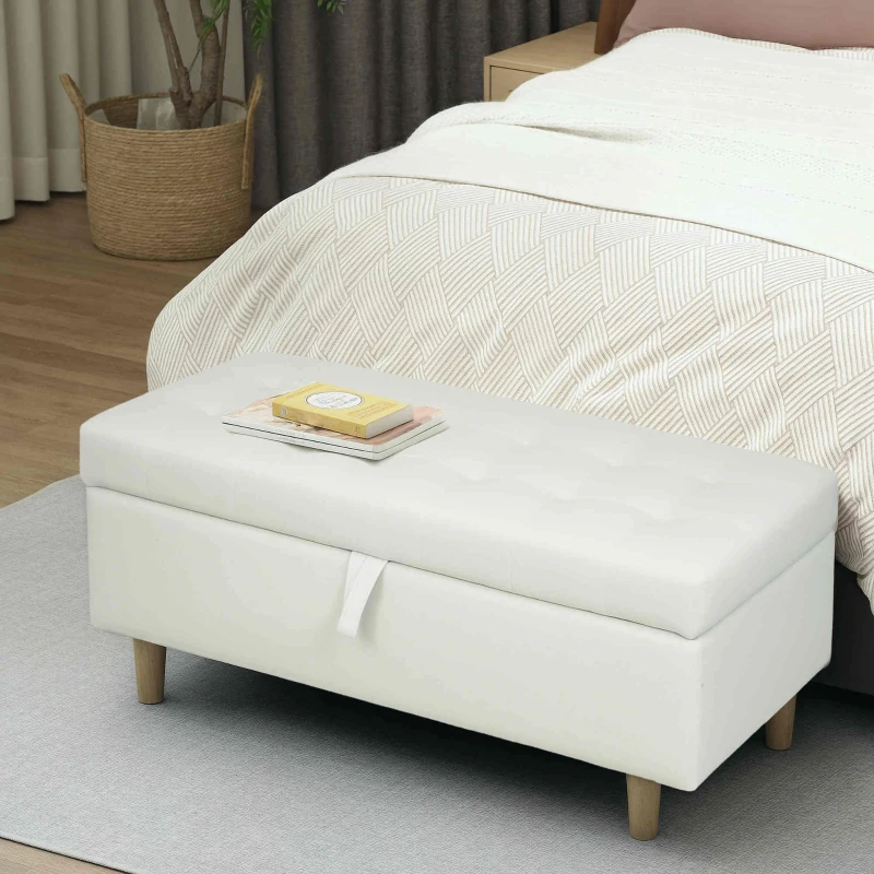 HOMCOM Banco de Almacenamiento Baúl Tapizado de Terciopelo con Patas de Madera Capacidad 71L 100x50x43 cm Blanco Crema