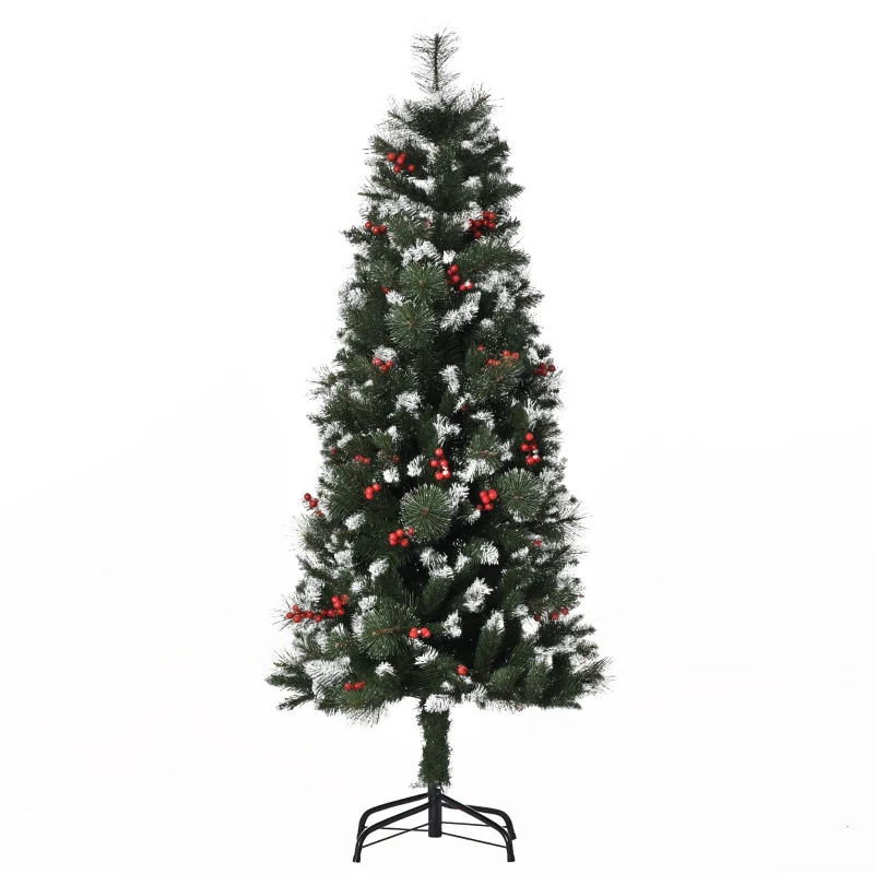 HOMCOM Árbol de Navidad Artificial con Nieve 150 cm con 360 Ramas 38 Bayas Decoración Navideña para Interiores Verde