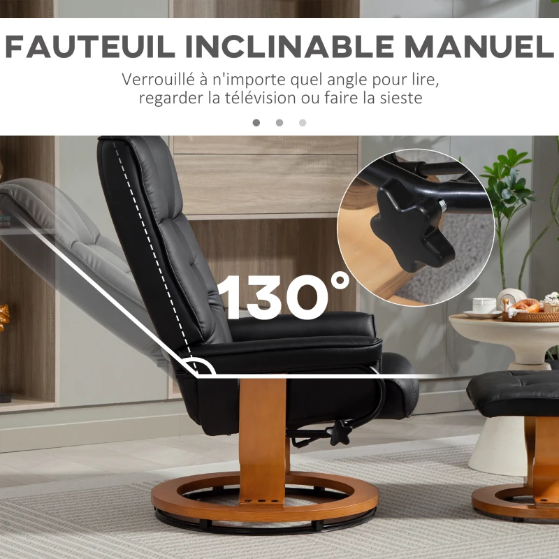 HOMCOM Fauteuil de relaxation inclinable avec repose-pied, pivotant, cadre en bois , revêtement synthétique noir