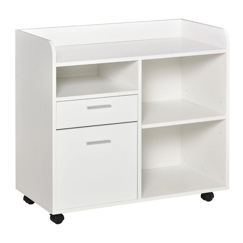 Vinsetto Armario para Impresora con 3 Compartimentos 2 Cajones para Archivos Estante Ajustable Ruedas 80x40x72 cm Blanco