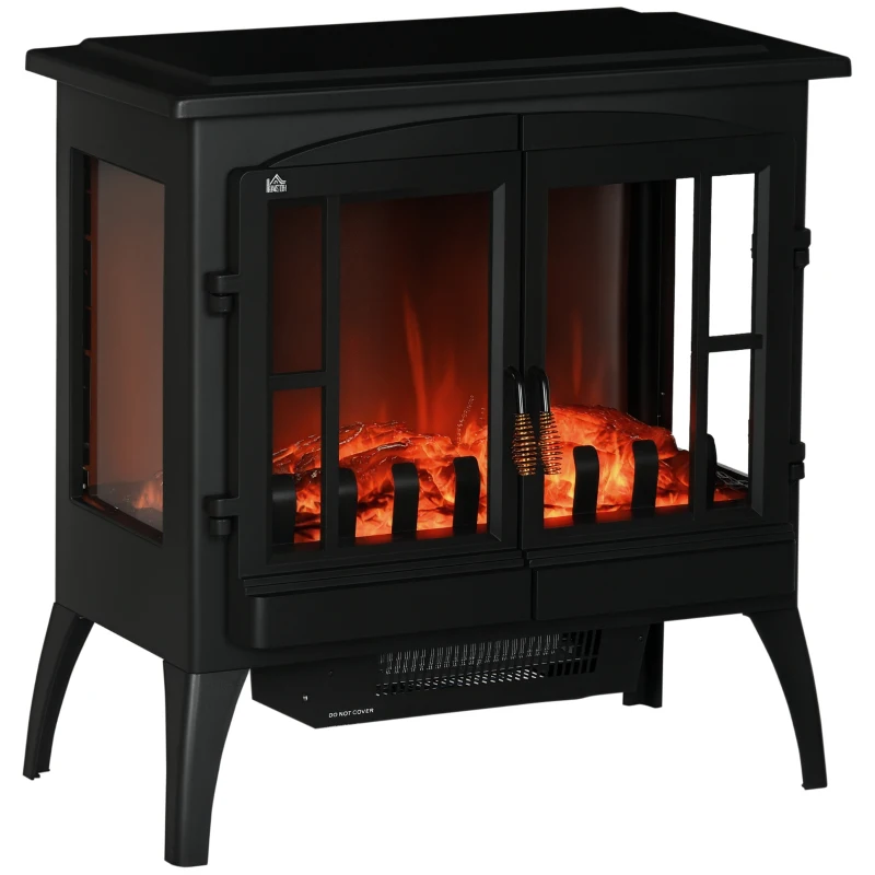 HOMCOM Elektrokamin, realistische Flammen, 2 Heizstufen, Überhitzungsschutz, Stahl, Schwarz, 60 x 37 x 60,5cm