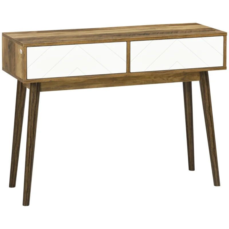 HOMCOM Console Table Sofa Side Desk with 2 Drawers Solid Pine Wood Legs for Living Room Entryway Bedroom Brown and White