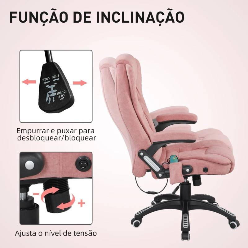 Vinsetto Cadeira de Escritório com 6 Pontos de Massagem Reclinável até 130° com Função de Aquecimento 65x71x110-120 cm Rosa