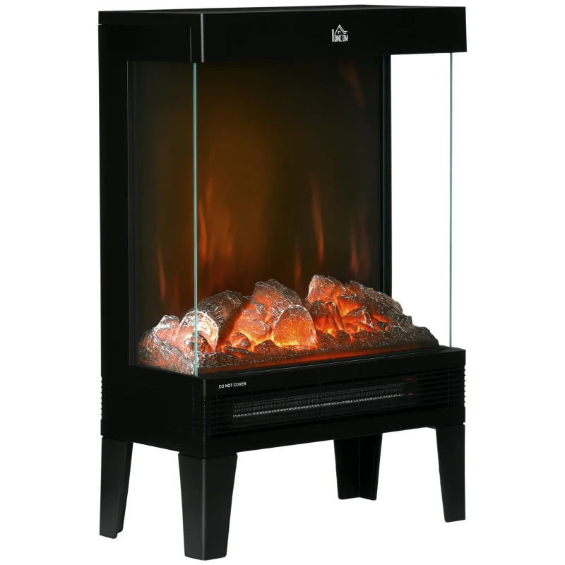 HOMCOM Camino Elettrico 1000W / 2000W con Fiamma LED Realistica e Controllo Temperatura, 40.5x20x62 cm, Nero