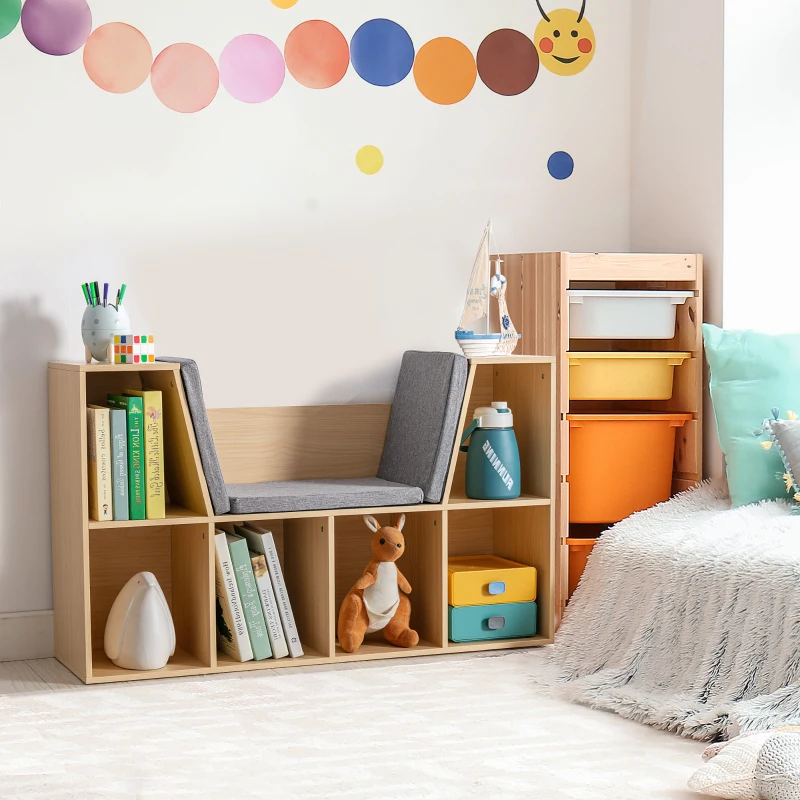 HOMCOM 2-in-1 Kinderrek + Speelbank incl. Kussens 103 cm × 30 cm × 62 cm Grijs + Naturel(m-10)