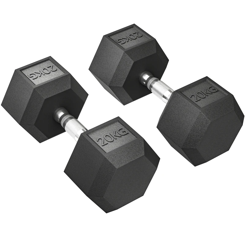 HOMCOM Mancuernas con agarre estriado, mancuerna de hierro fundido, 2 x 20kg para casa, gimnasio, entrenamiento de fuerza
