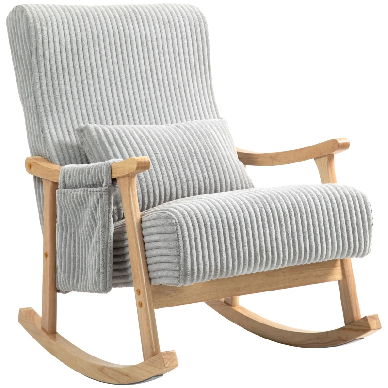 HOMCOM Silla Mecedora de Pana con Patas y Reposabrazos de Madera de Haya Cojín Lumbar y Bolsillo Carga 120 kg Gris