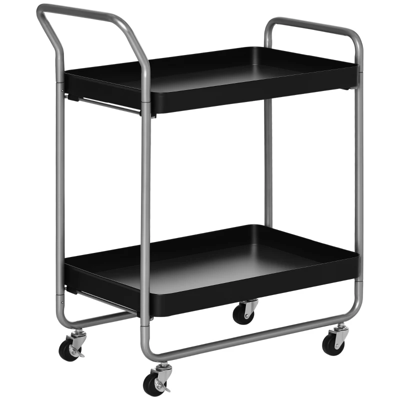 HOMCOM Carrello Portavivande a 2 Livelli con Maniglie e Ruote girevoli, Carrello Portaoggetti in Metallo per Cucina Soggiorno, 63x40.4x83.5cm, Nero